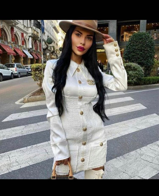Tweed LS Dress Gold Buttons