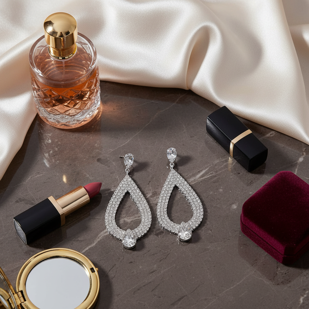 Silver rhinestone teardrop earrings styled on elegant dresser with perfume and luxury accessories