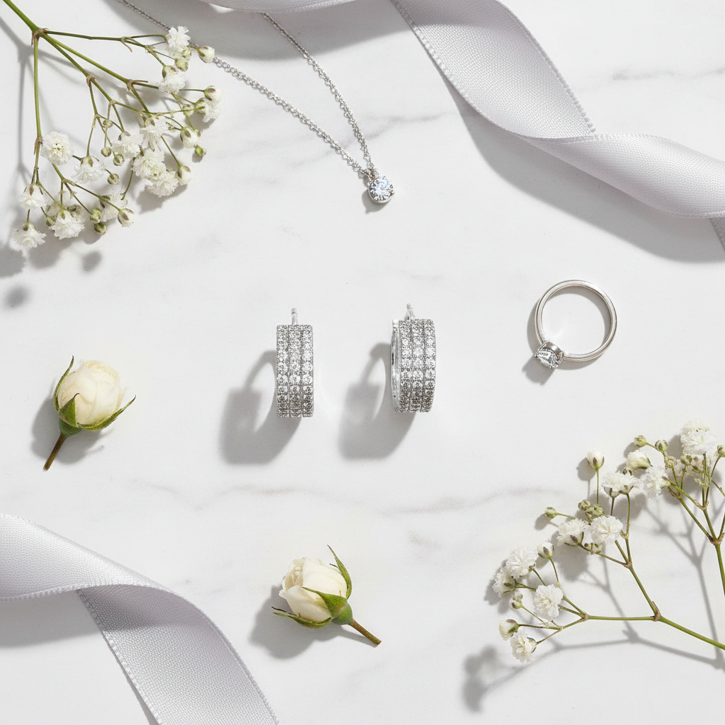 Silver CZ huggie hoop earrings on white marble surface styled with delicate accessories and white flowers, showing 1/2-inch hoops with triple row rhinestones on front half and plain silver back