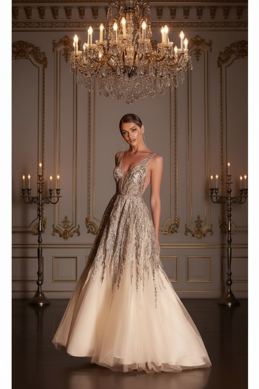 Glitter Ombre Ball Gown - Deep V-Neck Sequin Tulle Formal Dress
