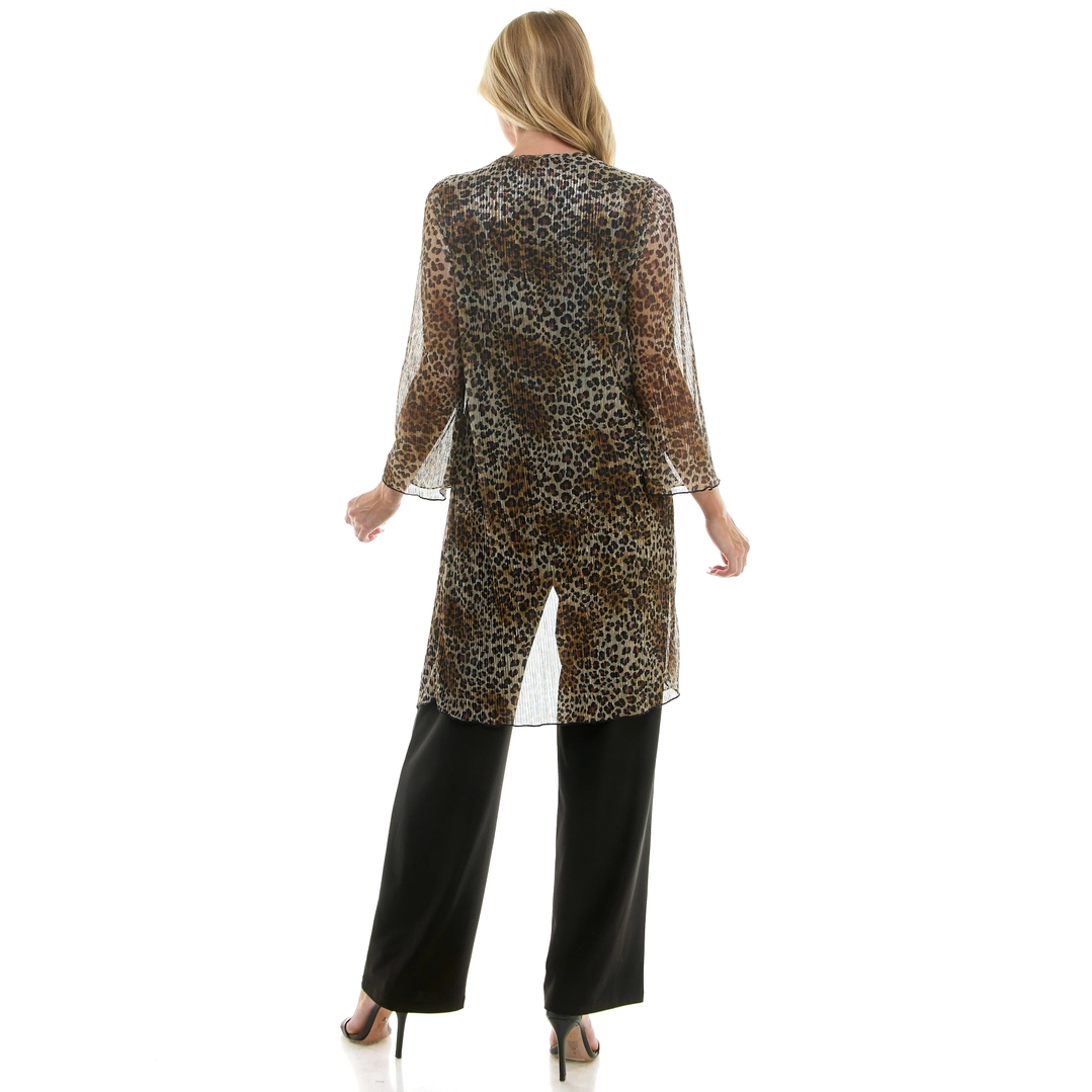 Back view of woman in leopard print sheer chiffon duster cardigan showing full-length drape and sheer fabric