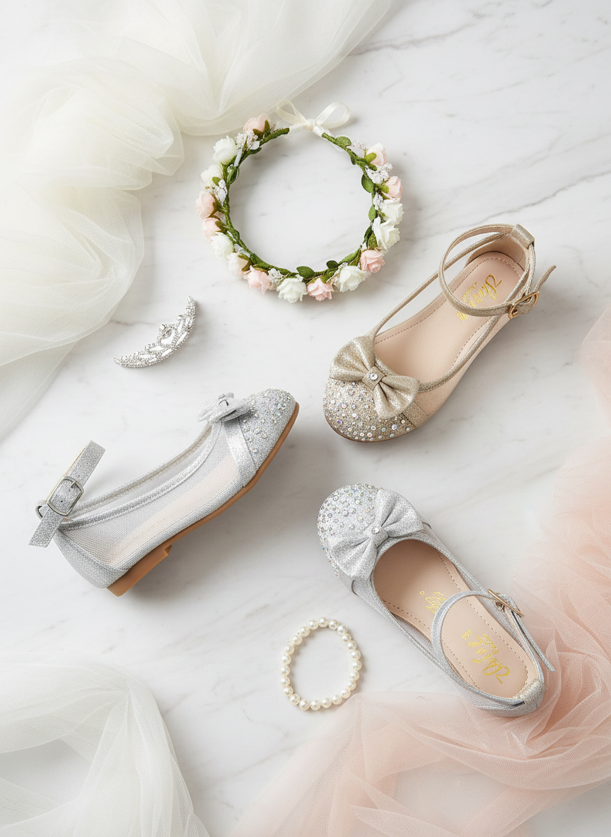 Silver and gold sparkly girls dress shoes with rhinestone bows on marble with elegant accessories