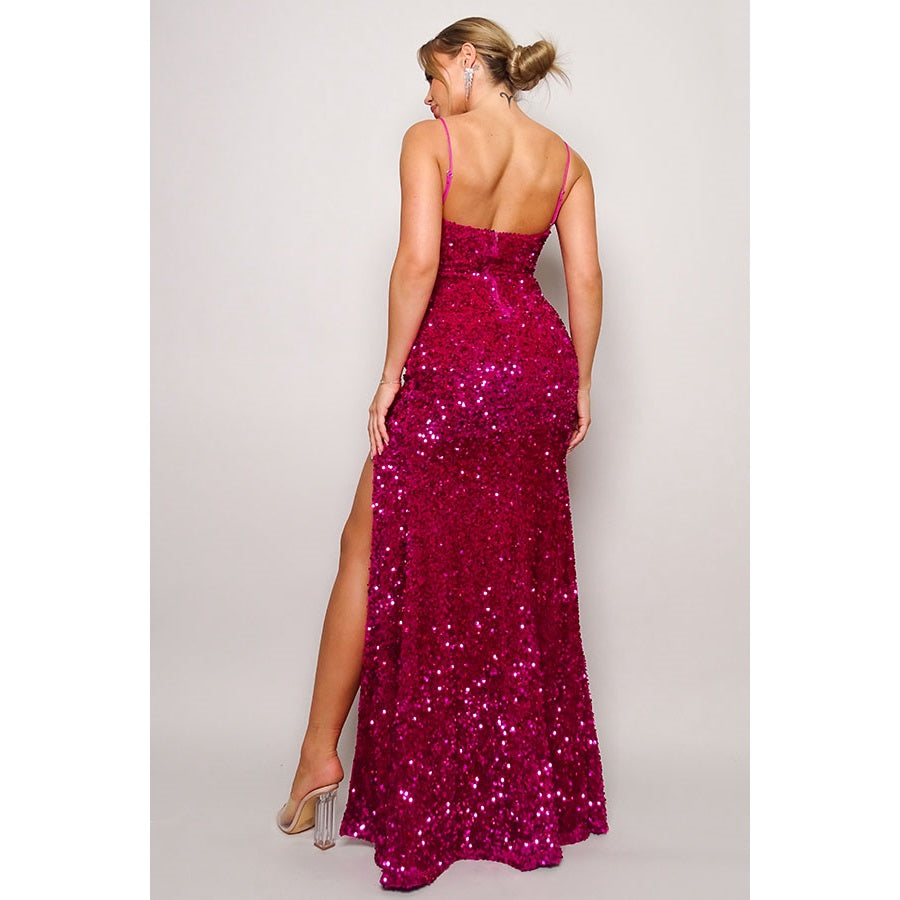 Deep V Side Slit Sequin Velvet Gown