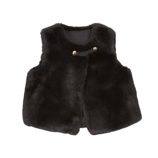 Girls black faux fur vest with gold loop-and-button closure at neckline on white background