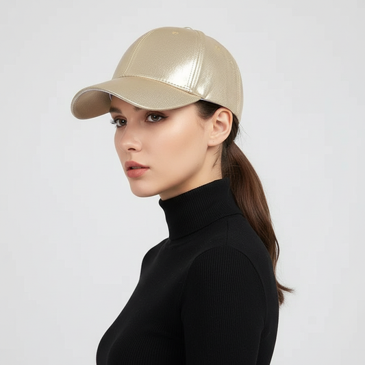 Woman wearing metallic gold baseball cap in studio - casual chic styling with adjustable fit