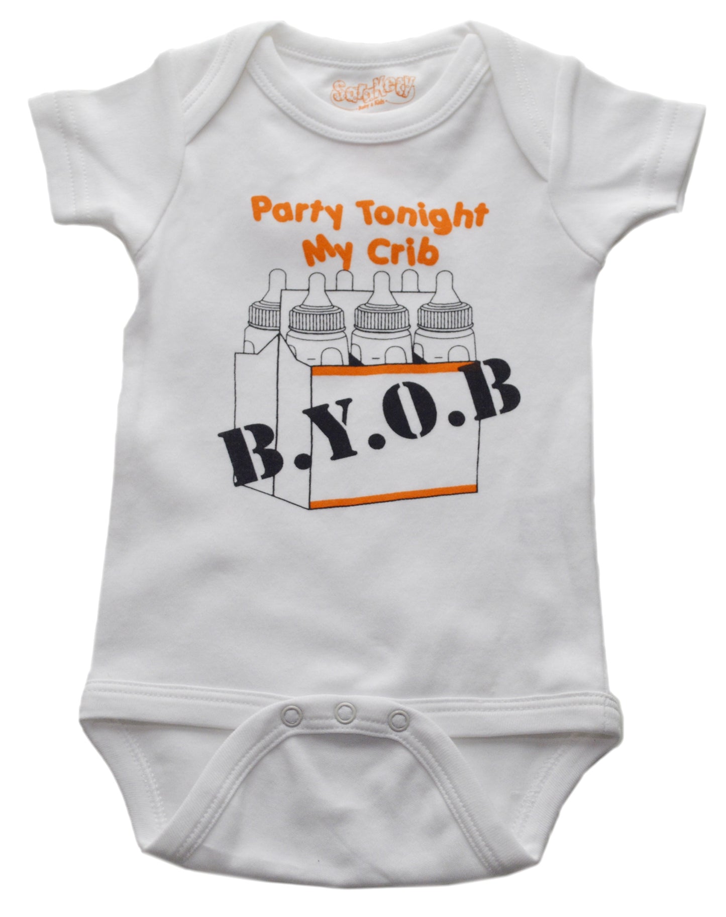Close-up of white BYOB baby onesie showing Bring Your Own Bottle design for 12-18 months