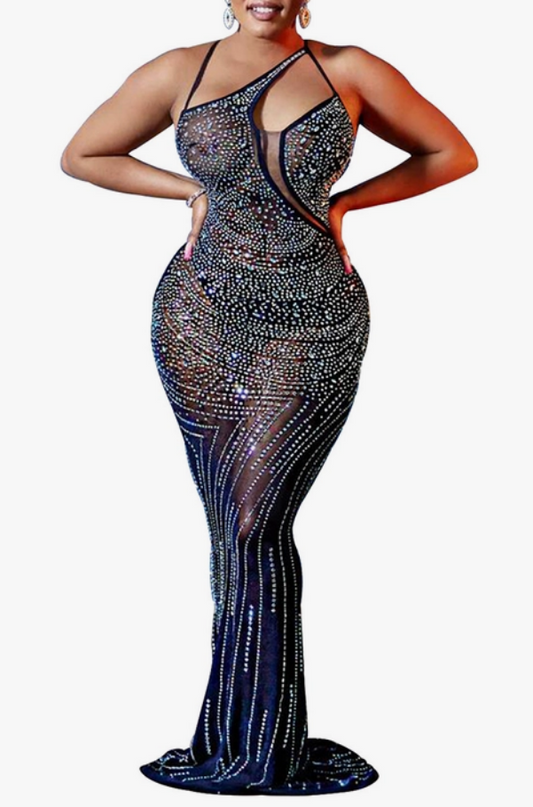 Rhinestone Mesh Asymmetric Cut-Out Dress - Black