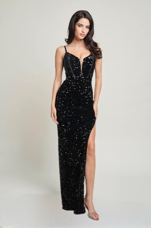Mesh Plunge V-Neck Sequin Velvet Gown - Black