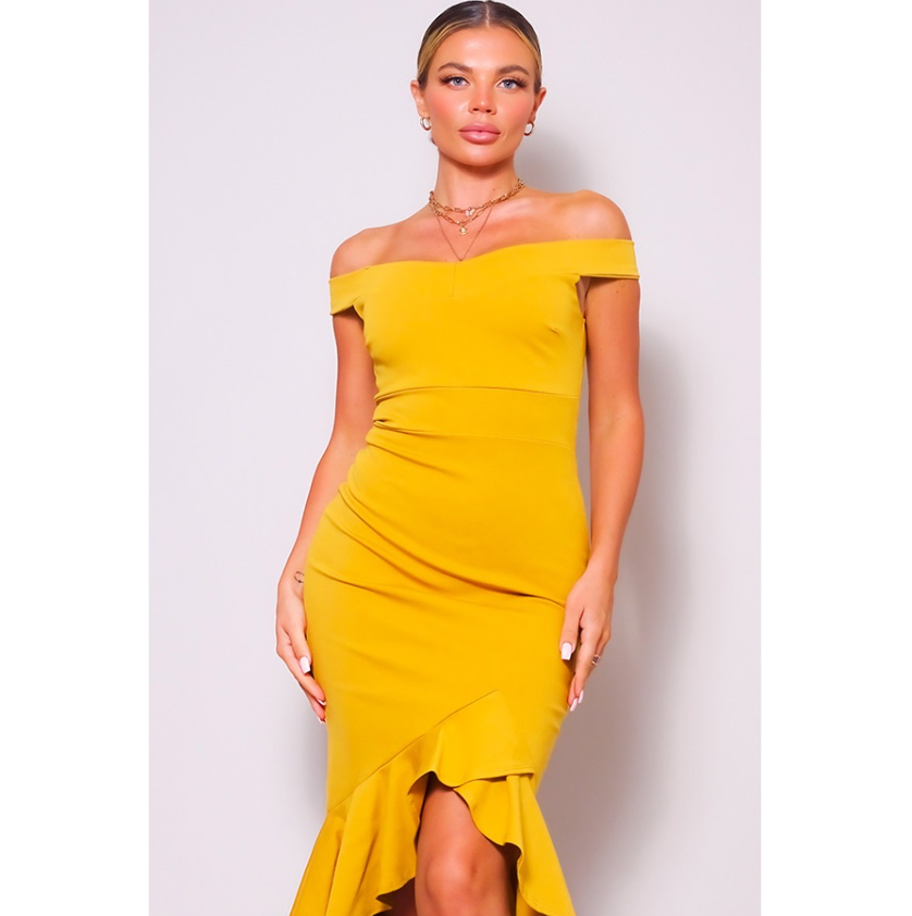 Off Shoulder Ruffle Mermaid Midi Dress
