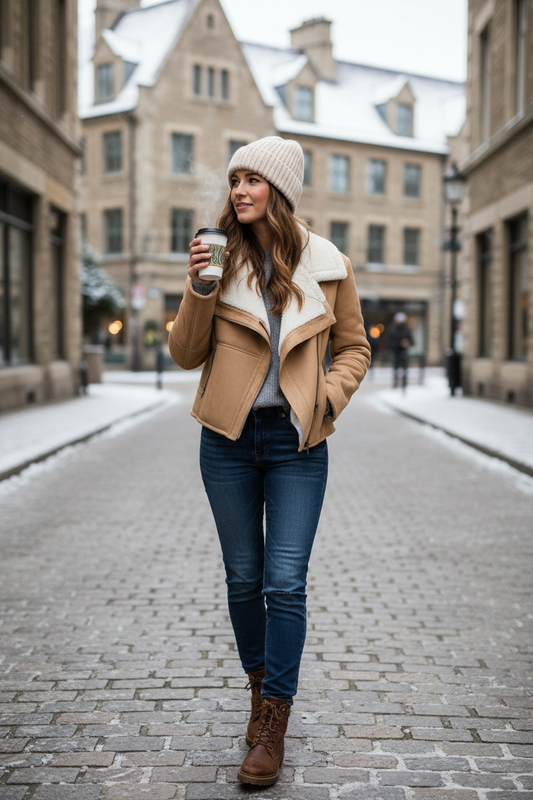 Woman in tan faux suede moto jacket with sherpa collar candid outdoor winter lifestyle photography