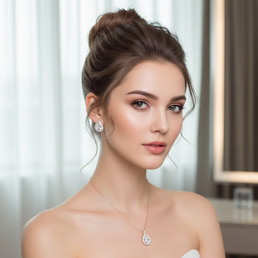 Woman with elegant updo wearing teardrop cubic zirconia necklace and matching stud earrings