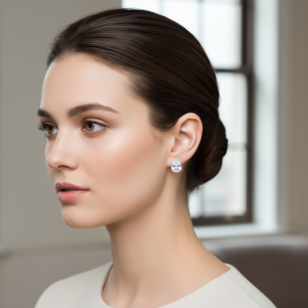 Woman wearing petite teardrop cubic zirconia stud earrings in silver setting