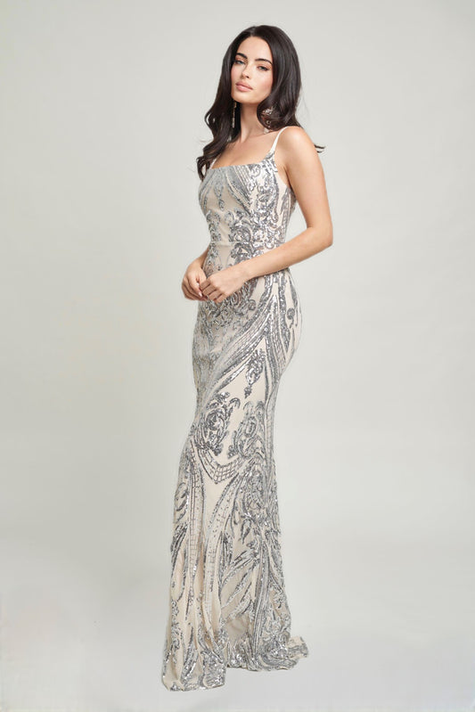 Square Neck Contrast Sequin Spaghetti Strap Gown
