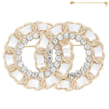 Woven Chain Rhinestone Pave Linked Circles Brooch Pin