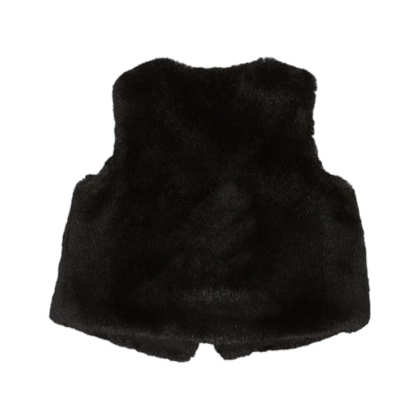 Back view of girls black faux fur vest showing plush texture