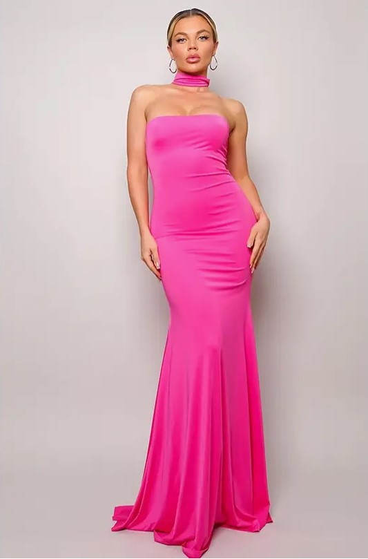 Choker Neck Strapless Gown Hot Pink