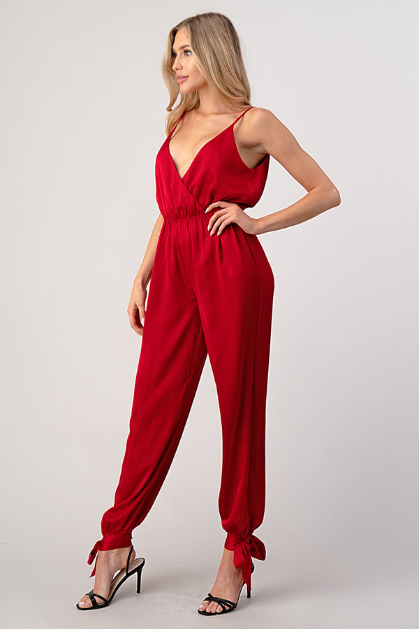 Deep V Ankle Tie Red Satin Jumpsuit
