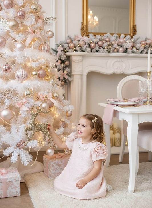 Toddler girl wearing blush pink floral brocade dress with pearl collar in upscale holiday interior with white, pink, and gold Christmas decor