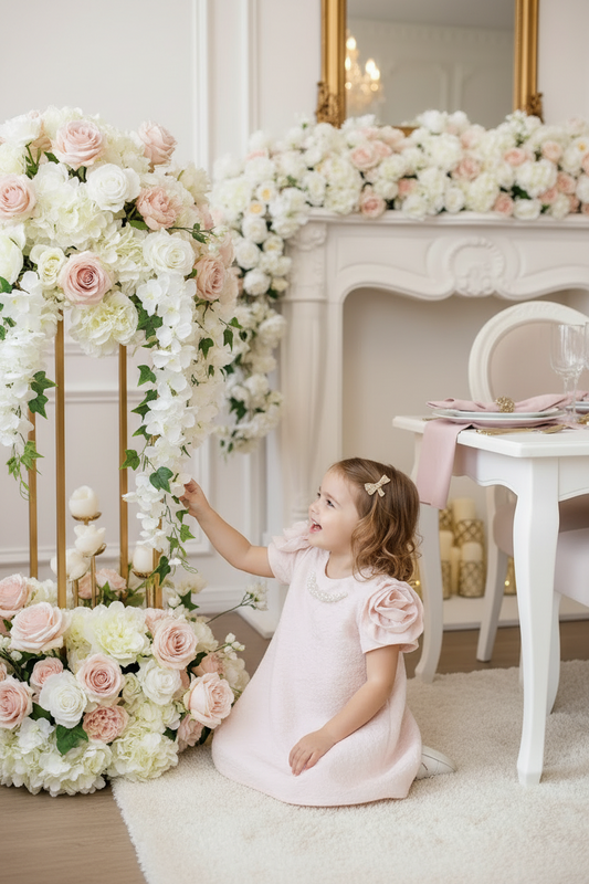 Girls' Floral Brocade Dress with Pearl Collar & Rosette Sleeves