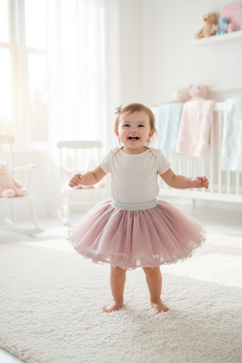 Toddler girl wearing dusty pink tulle tutu with white bows - lifestyle photo in nursery
