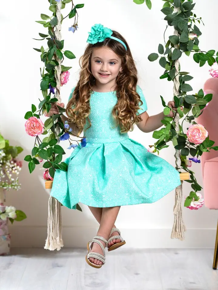 Girls' Mint Jacquard Pleated Dress