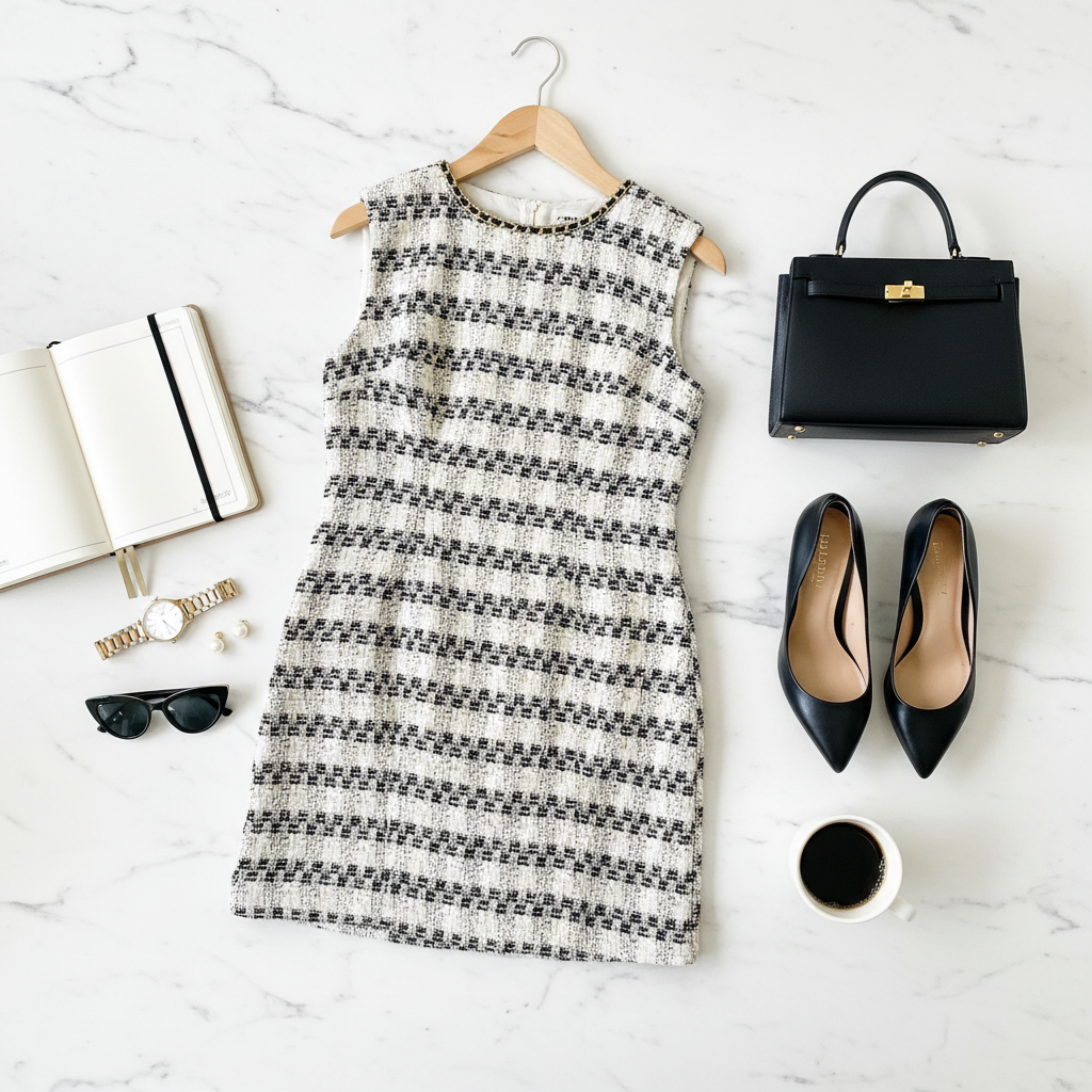White black and gold tweed dress styled with black pumps, handbag, pearls, and accessories on marble surface