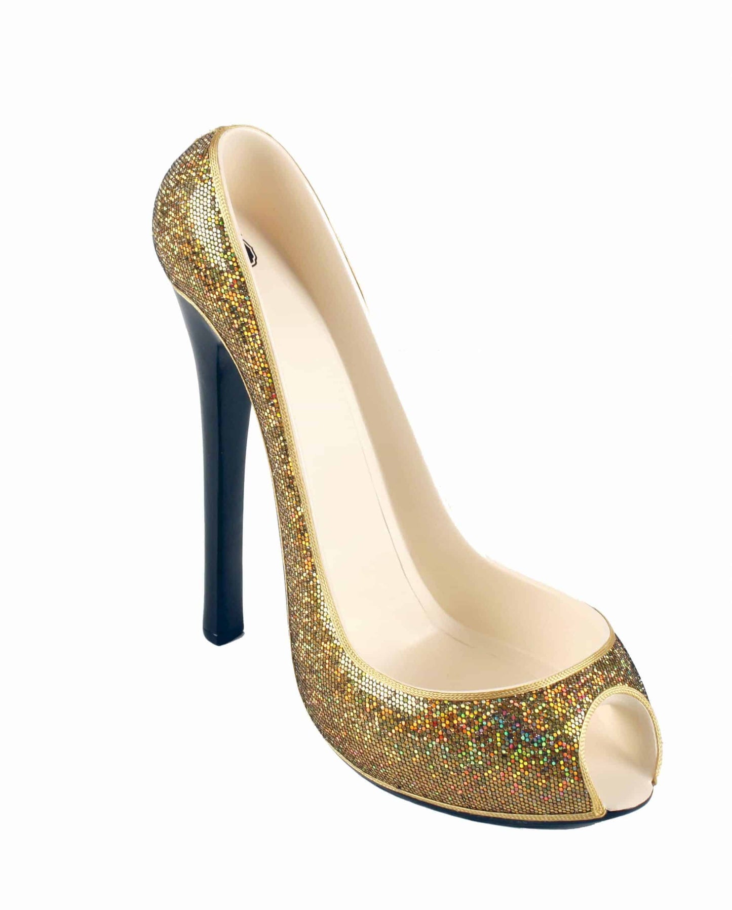 Gold glitter peep-toe high heel wine bottle holder with black stiletto heel
