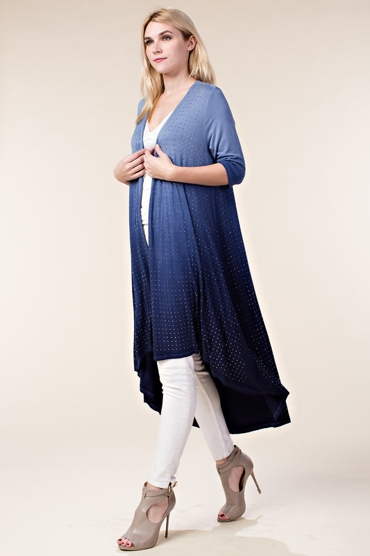Long Stone Embellished Navy Ombre Cardigan Duster