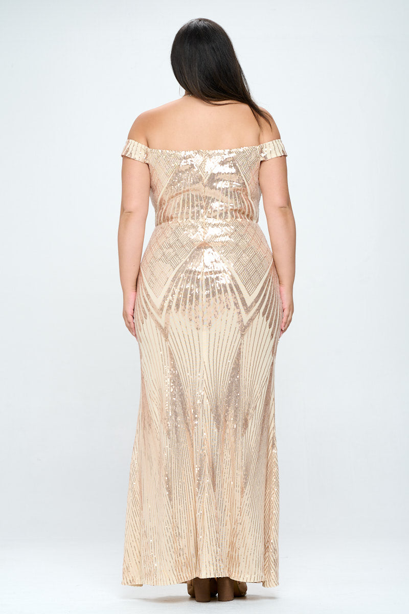 Off-the-Shoulder Mesh Inset Sequin Gown PLUS