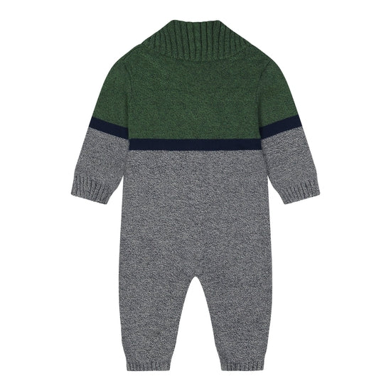 Back view of baby boy green and gray colorblock sweater knit one-piece with textured knit pattern