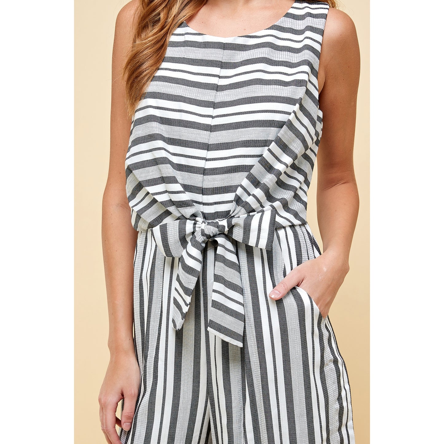 Striped Front Tie Gaucho Jumpsuit
