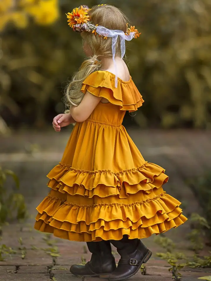 Marigold Sunset Tiered Ruffle Midi Dress Yellow / 7Y Marigold Sunset Tiered Ruffle Midi Dress Yellow / 7Y