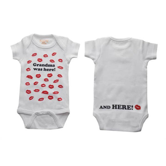 Grandma Was Here Baby Onesie 12-18 Months – White with Red Kisses