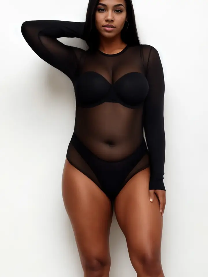 Sheer Mesh Long Sleeve Bodysuit PLUS