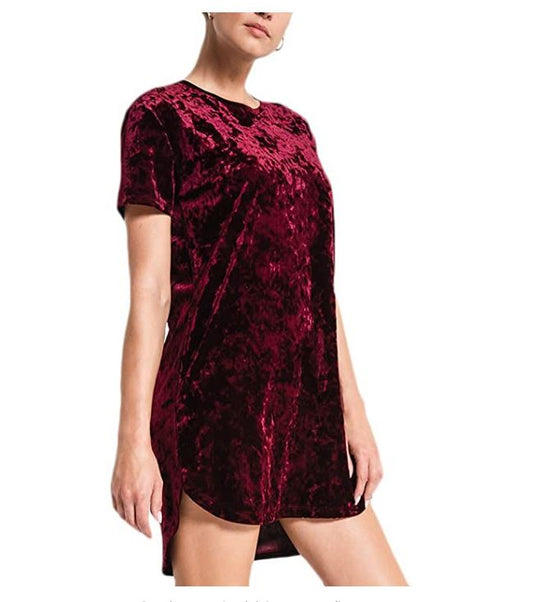 Crushed Velvet Wine Mini Dress with Back Tie and Short Sleeves