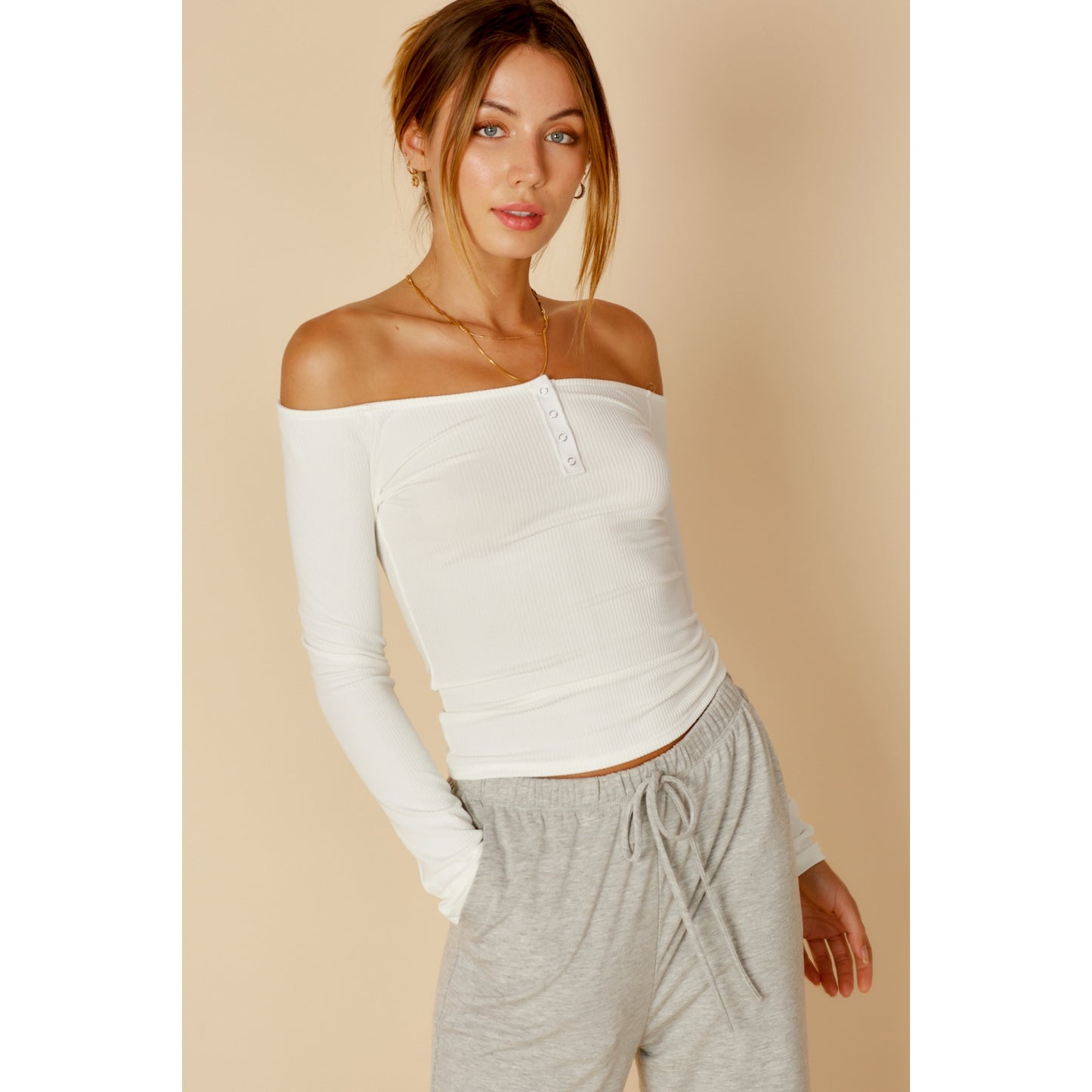 Off the Shoulder Long Sleeve Snap Button Top Ivory