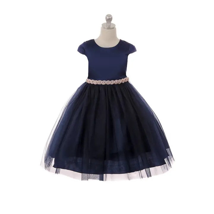 Girls navy blue capped sleeve dress with rhinestone waist and tulle skirt - front view on mannequin