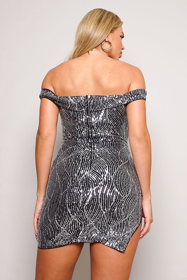 Silver Contrast Sequin Off-the-Shoulder Mini Dress
