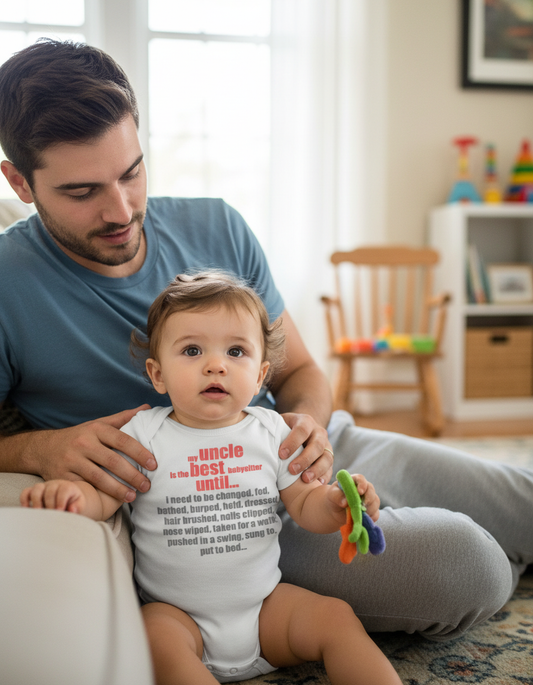 Baby wearing funny uncle best babysitter onesie with uncle in casual home setting