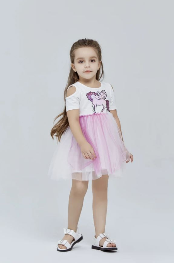 Girls' Sequin Unicorn Cold Shoulder Dress | Pink Ombre Tulle Skirt