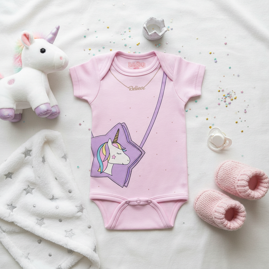 Pink baby onesie with unicorn graphic and "Unicorn Bag" text surrounded by whimsical accessories including unicorn plush toy and rainbow elements on white background