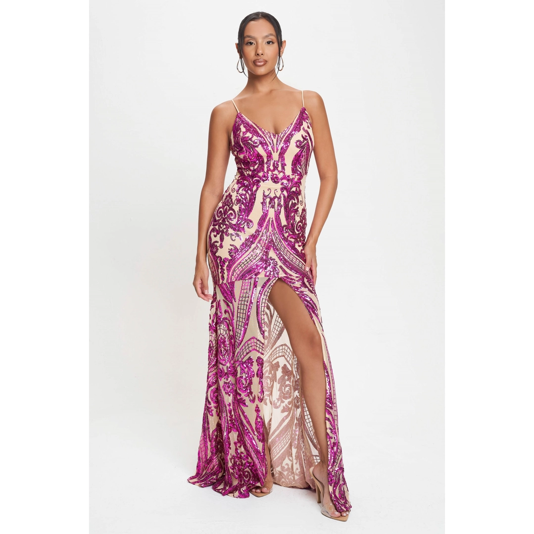 Art Deco Contrast Sequin Spaghetti Strap Gown