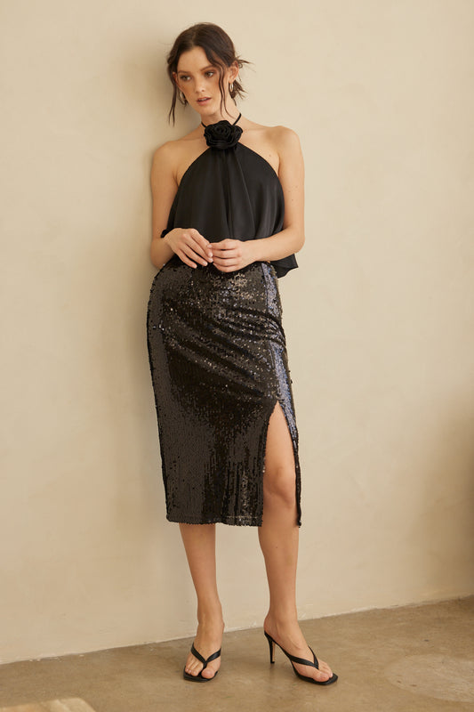 Black Sequin Side Slit Midi Skirt