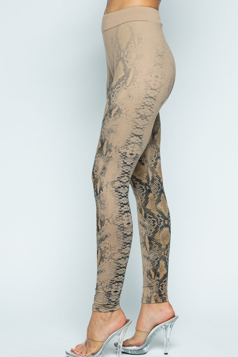 Tan Snake Print Leggings – Sleek Animal Print Active & Casual Style