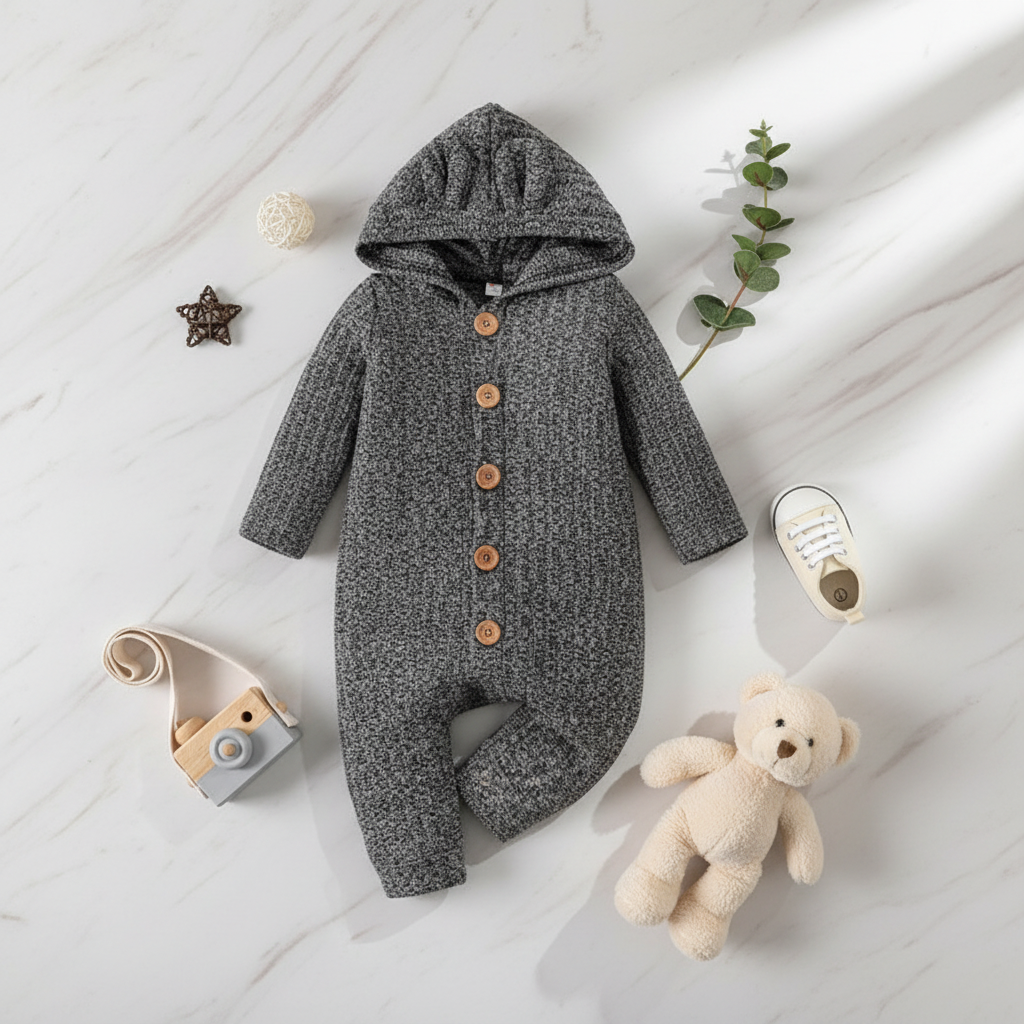 Upscale flat lay of charcoal gray hooded romper with premium styling