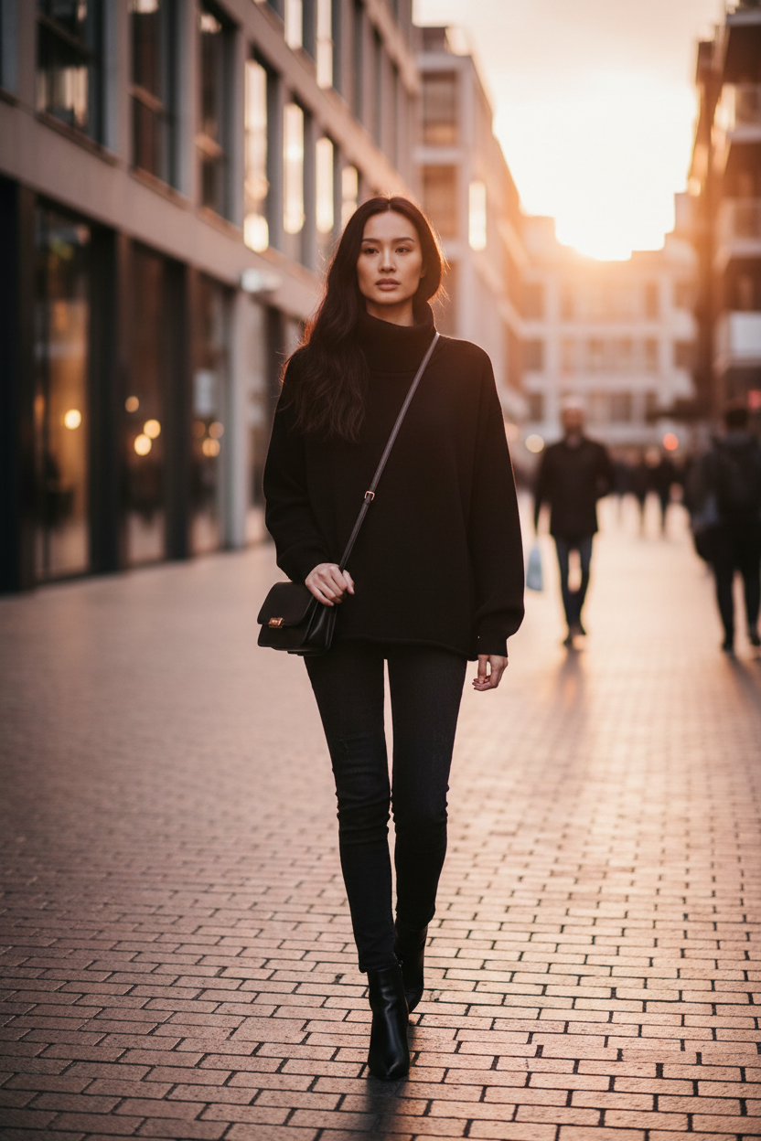 Woman wearing black oversized turtleneck sweater with drop shoulder detail