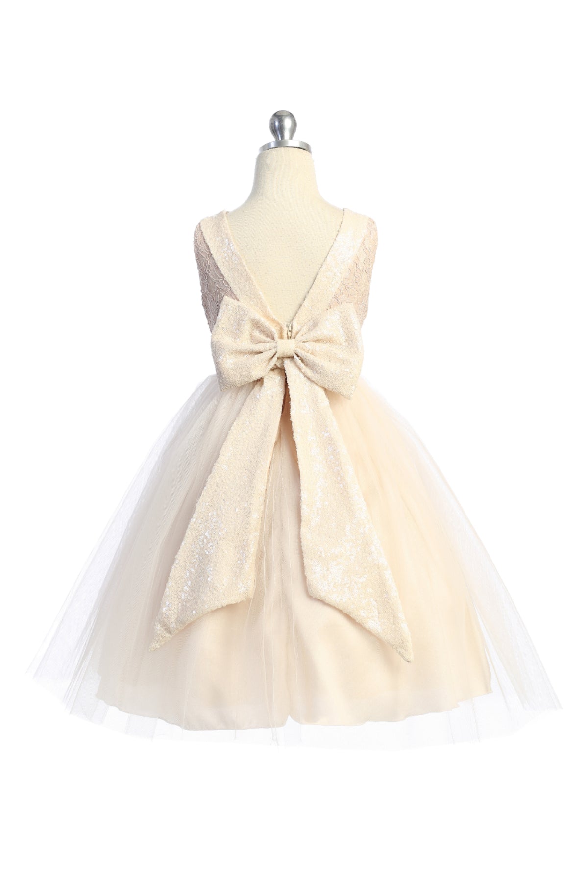 Girls' Sleeveless Lace Sequin Back V Dress