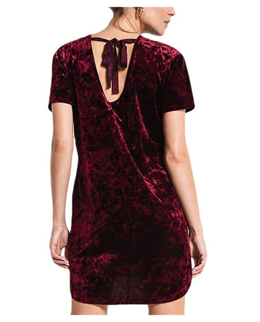 Crushed Velvet Wine Mini Dress with Back Tie and Short Sleeves