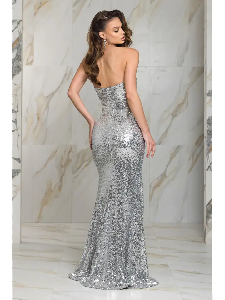 Strapless Ruched Sequin Corset Gown with Slit - Silver