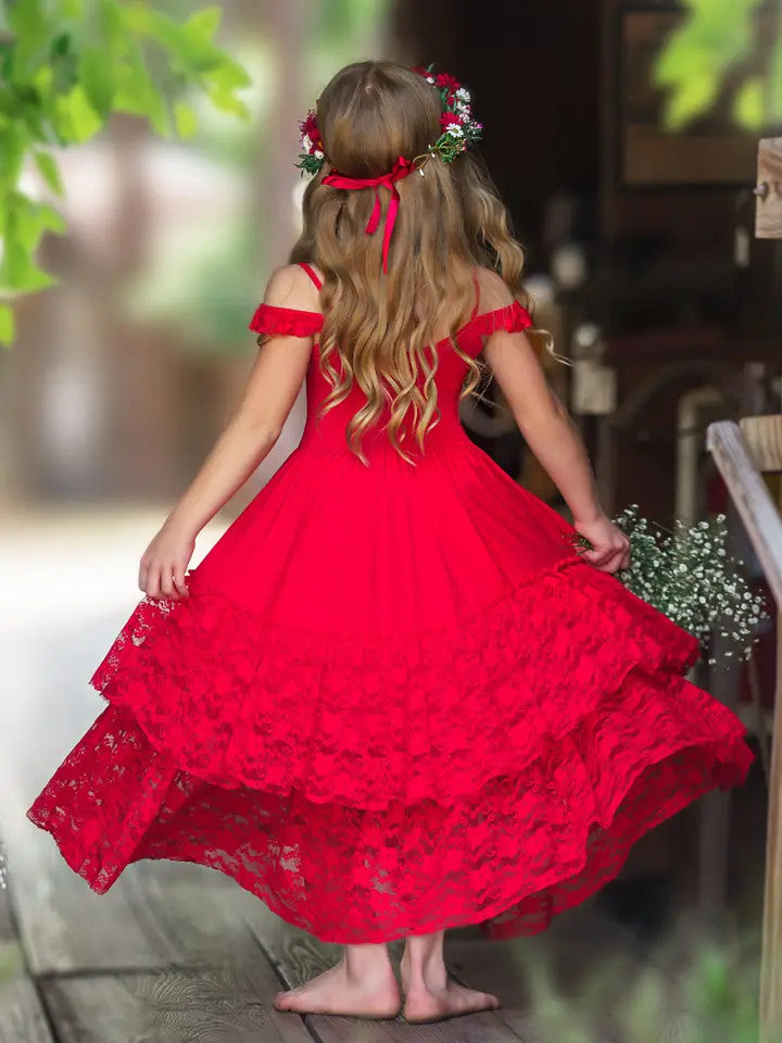 Girls' Ruby Red Tiered Lace Ruffle Maxi